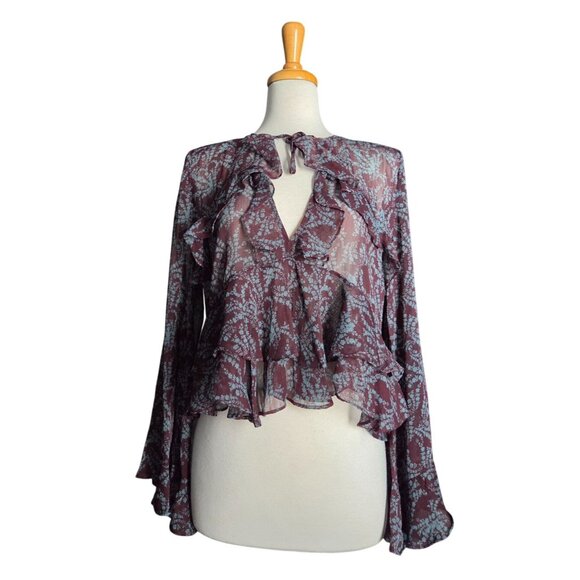 Olivaceous Maroon Fairy Grunge Floral Ruffled Bell Sleeve Blouse Women's M - Picture 1 of 10